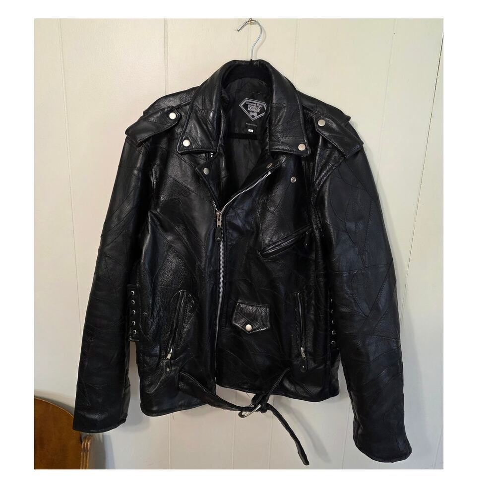 Vtg Diamond Plate Buffalo Leather Black Leather Moto Jacket Mens XL Brando Style